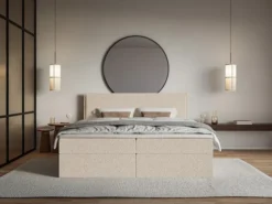 Łóżko kontynentalne 160x200 cm Softie z pojemnikami i topperem jasnobeżowe szenil