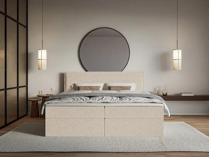Łóżko kontynentalne 160x200 cm Softie z pojemnikami i topperem jasnobeżowe szenil