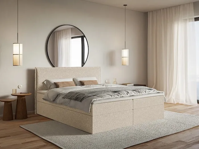 Łóżko kontynentalne 160x200 cm Softie z pojemnikami i topperem jasnobeżowe szenil