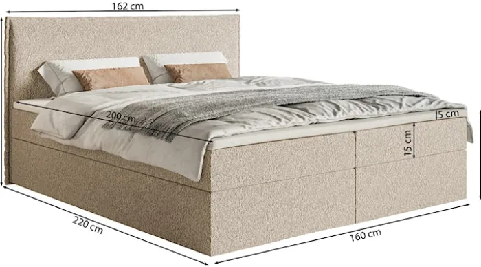 Łóżko kontynentalne 160x200 cm Softie z pojemnikami i topperem jasnobeżowe szenil