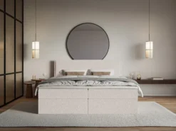 Łóżko kontynentalne 160x200 cm Softie z pojemnikami i topperem beżowe szenil
