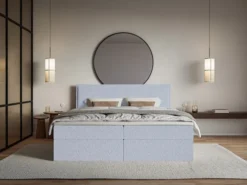 Łóżko kontynentalne 180x200 cm Softie z pojemnikami i topperem błękitne szenil