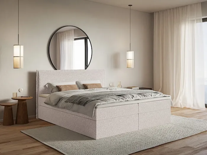 Łóżko kontynentalne 180x200 cm Softie z pojemnikami i topperem beżowe szenil