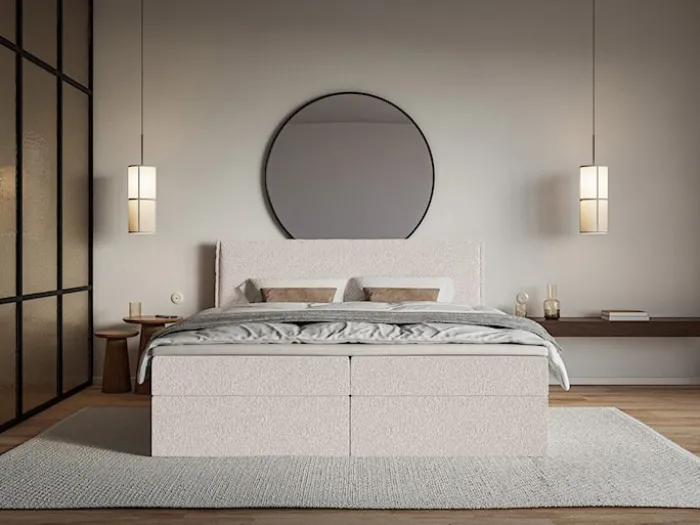 Łóżko kontynentalne 180x200 cm Softie z pojemnikami i topperem beżowe szenil