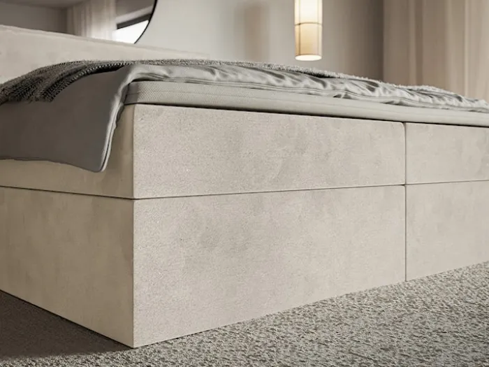 Łóżko kontynentalne 140x200 cm Softie z pojemnikami i topperem beżowe welur hydrofobowy