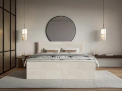 Łóżko kontynentalne 140x200 cm Softie z pojemnikami i topperem beżowe welur hydrofobowy