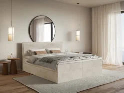 Łóżko kontynentalne 140x200 cm Softie z pojemnikami i topperem beżowe welur hydrofobowy