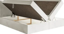 Łóżko kontynentalne 140x200 cm Softie z pojemnikami i topperem szarobeżowe welur hydrofobowy