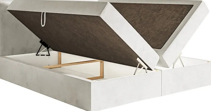 Łóżko kontynentalne 140x200 cm Softie z pojemnikami i topperem szarobeżowe welur hydrofobowy