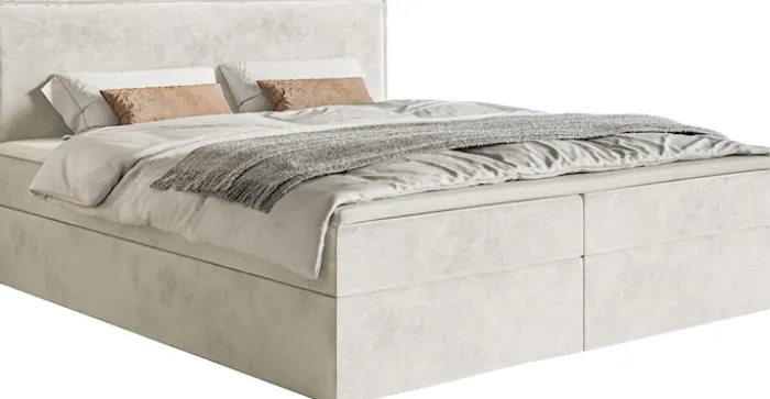 Łóżko kontynentalne 140x200 cm Softie z pojemnikami i topperem szarobeżowe welur hydrofobowy