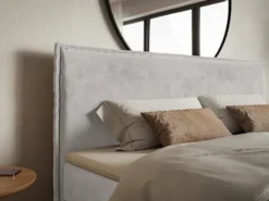 Łóżko kontynentalne 160x200 cm Softie z pojemnikami i topperem jasnoszare welur hydrofobowy