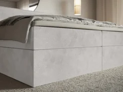 Łóżko kontynentalne 160x200 cm Softie z pojemnikami i topperem jasnoszare welur hydrofobowy
