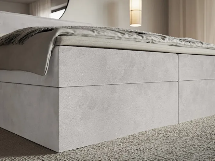 Łóżko kontynentalne 160x200 cm Softie z pojemnikami i topperem jasnoszare welur hydrofobowy