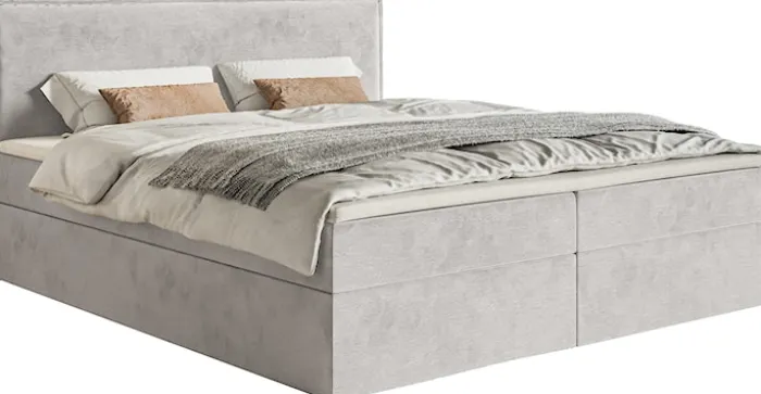 Łóżko kontynentalne 160x200 cm Softie z pojemnikami i topperem jasnoszare welur hydrofobowy