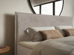 Łóżko kontynentalne 160x200 cm Softie z pojemnikami i topperem szarobrązowe welur hydrofobowy
