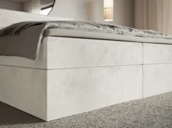 Łóżko kontynentalne 160x200 cm Softie z pojemnikami i topperem szarobeżowe welur hydrofobowy