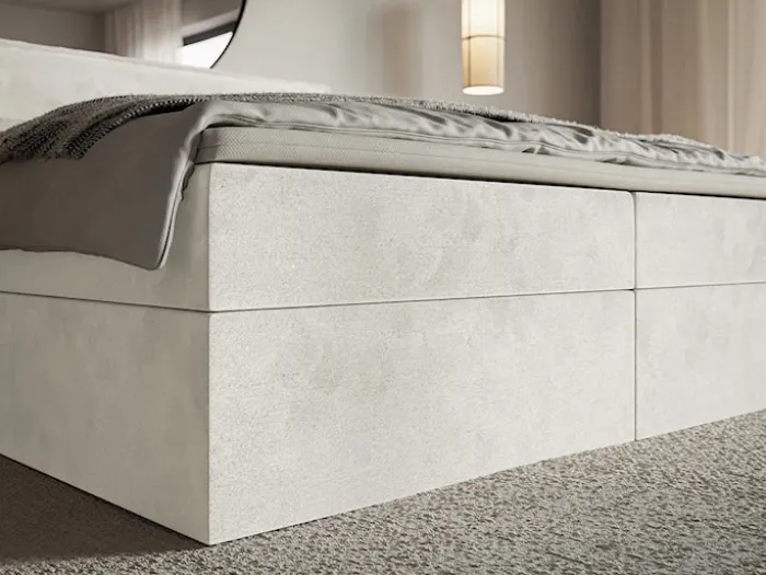 Łóżko kontynentalne 160x200 cm Softie z pojemnikami i topperem szarobeżowe welur hydrofobowy