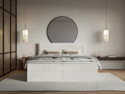 Łóżko kontynentalne 160x200 cm Softie z pojemnikami i topperem szarobeżowe welur hydrofobowy