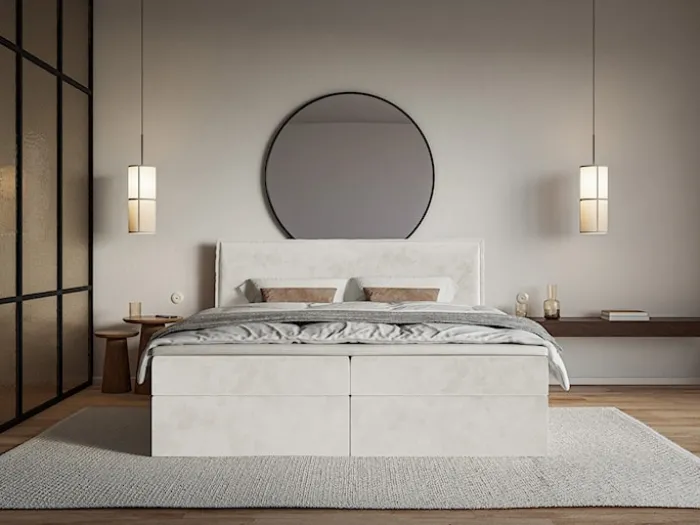 Łóżko kontynentalne 160x200 cm Softie z pojemnikami i topperem szarobeżowe welur hydrofobowy