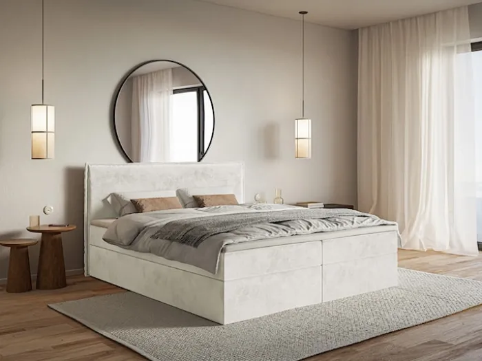 Łóżko kontynentalne 160x200 cm Softie z pojemnikami i topperem szarobeżowe welur hydrofobowy