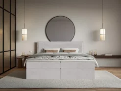 Łóżko kontynentalne 180x200 cm Softie z pojemnikami i topperem jasnoszare welur hydrofobowy
