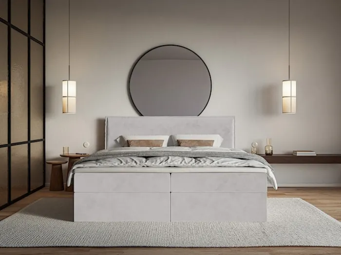 Łóżko kontynentalne 180x200 cm Softie z pojemnikami i topperem jasnoszare welur hydrofobowy