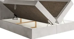 Łóżko kontynentalne 180x200 cm Softie z pojemnikami i topperem jasnoszare welur hydrofobowy