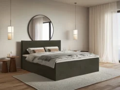 Łóżko kontynentalne 180x200 cm Softie z pojemnikami i topperem ciemnozielone welur hydrofobowy