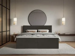 Łóżko kontynentalne 180x200 cm Softie z pojemnikami i topperem ciemnozielone welur hydrofobowy