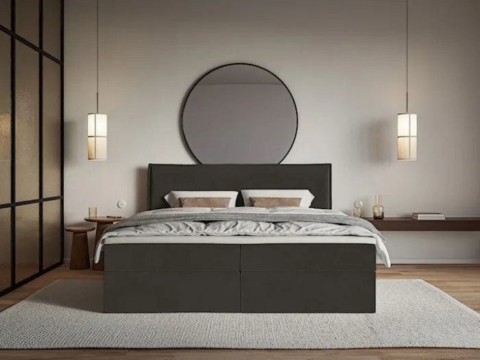 Łóżko kontynentalne 180x200 cm Softie z pojemnikami i topperem ciemnozielone welur hydrofobowy