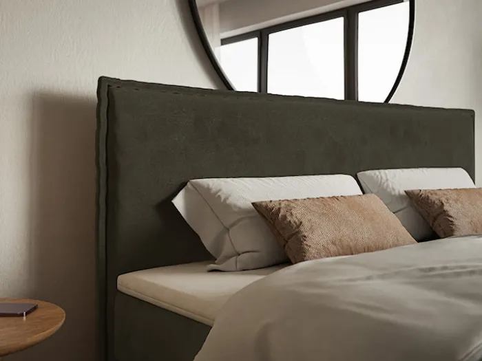 Łóżko kontynentalne 180x200 cm Softie z pojemnikami i topperem ciemnozielone welur hydrofobowy