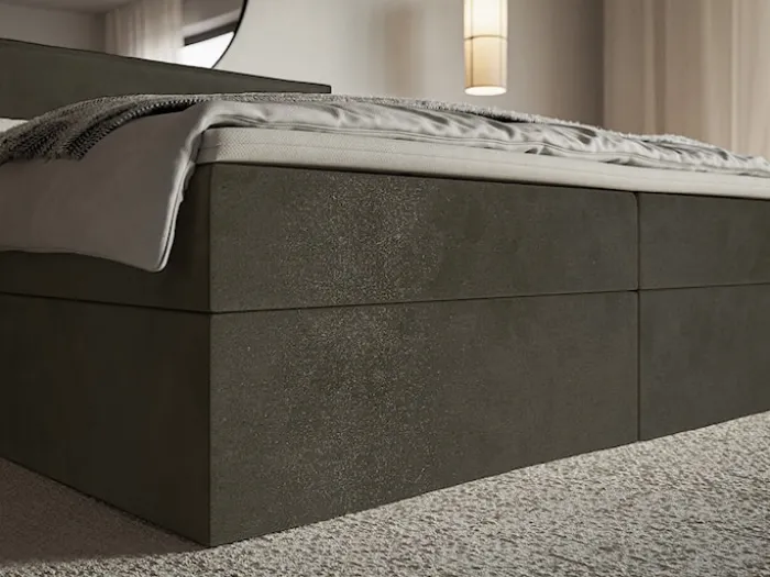 Łóżko kontynentalne 180x200 cm Softie z pojemnikami i topperem ciemnozielone welur hydrofobowy