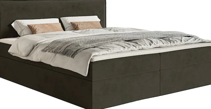 Łóżko kontynentalne 180x200 cm Softie z pojemnikami i topperem ciemnozielone welur hydrofobowy