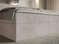 Łóżko kontynentalne 180x200 cm Softie z pojemnikami i topperem szarobrązowe welur hydrofobowy