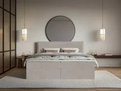 Łóżko kontynentalne 180x200 cm Softie z pojemnikami i topperem szarobrązowe welur hydrofobowy