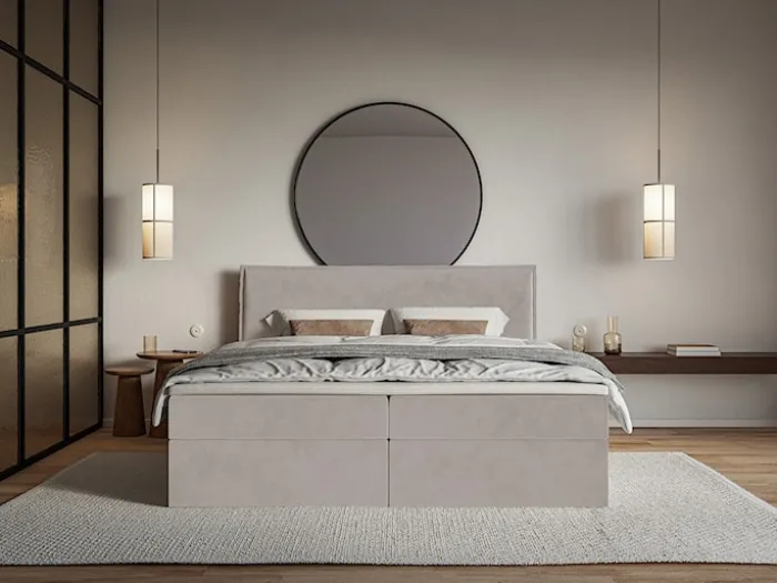Łóżko kontynentalne 180x200 cm Softie z pojemnikami i topperem szarobrązowe welur hydrofobowy