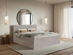 Łóżko kontynentalne 180x200 cm Softie z pojemnikami i topperem szarobrązowe welur hydrofobowy