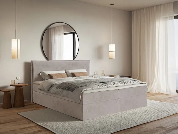 Łóżko kontynentalne 180x200 cm Softie z pojemnikami i topperem szarobrązowe welur hydrofobowy