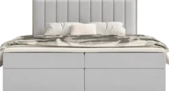 Łóżko kontynentalne 140x200 cm Togents z pojemnikami i topperem jasnoszare welur hydrofobowy
