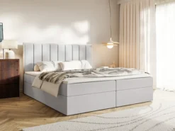 Łóżko kontynentalne 140x200 cm Togents z pojemnikami i topperem jasnoszare welur hydrofobowy