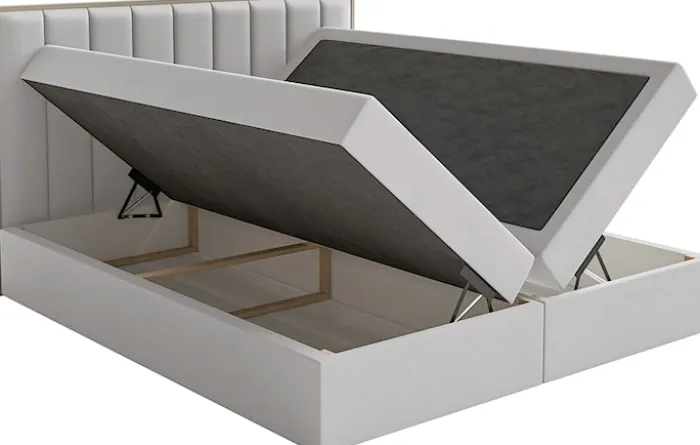 Łóżko kontynentalne 140x200 cm Togents z pojemnikami i topperem jasnoszare welur hydrofobowy