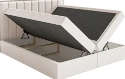 Łóżko kontynentalne 140x200 cm Togents z pojemnikami i topperem kremowe welur hydrofobowy