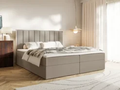 Łóżko kontynentalne 160x200 cm Togents z pojemnikami i topperem brązowe welur hydrofobowy