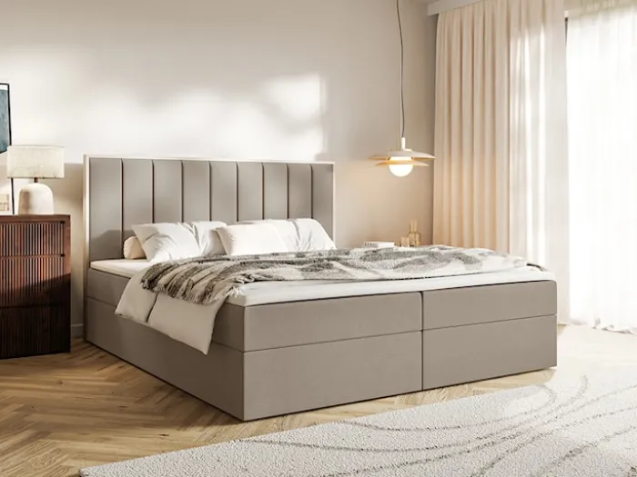 Łóżko kontynentalne 160x200 cm Togents z pojemnikami i topperem brązowe welur hydrofobowy