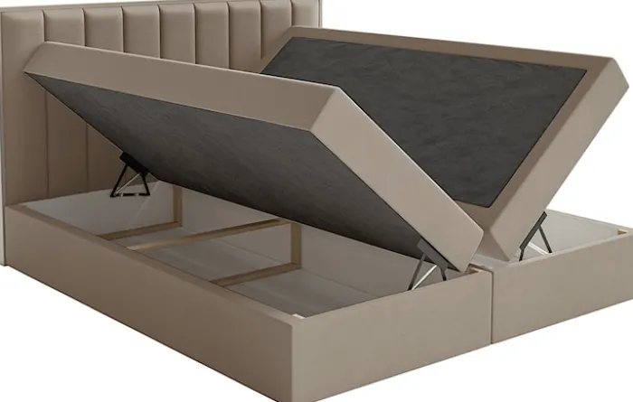Łóżko kontynentalne 160x200 cm Togents z pojemnikami i topperem brązowe welur hydrofobowy
