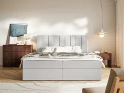 Łóżko kontynentalne 180x200 cm Togents z pojemnikami i topperem jasnoszare welur hydrofobowy