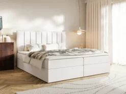 Łóżko kontynentalne 180x200 cm Togents z pojemnikami i topperem kremowe welur hydrofobowy