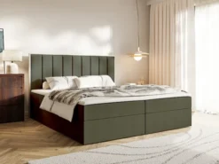 Łóżko kontynentalne 140x200 cm Togents z pojemnikami i topperem ciemnozielone szenil hydrofobowy