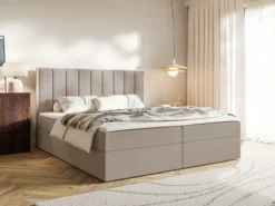 Łóżko kontynentalne 140x200 cm Togents z pojemnikami i topperem brązowe szenil hydrofobowy