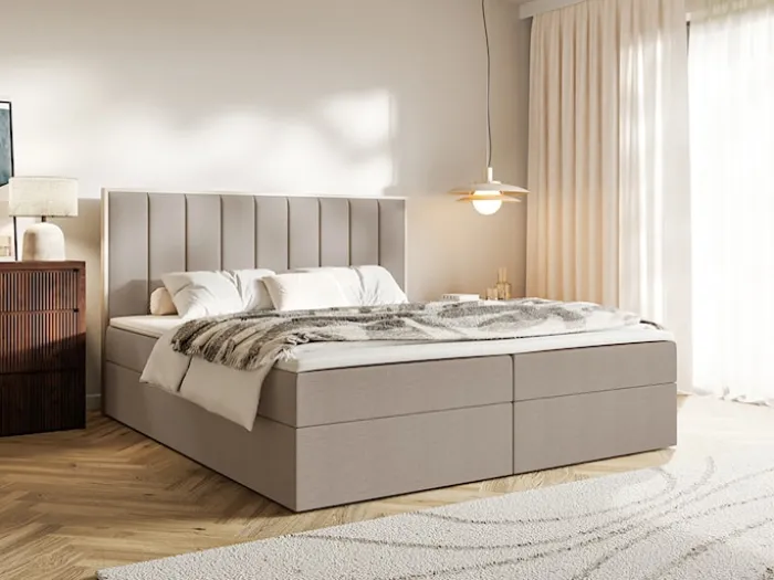 Łóżko kontynentalne 140x200 cm Togents z pojemnikami i topperem brązowe szenil hydrofobowy